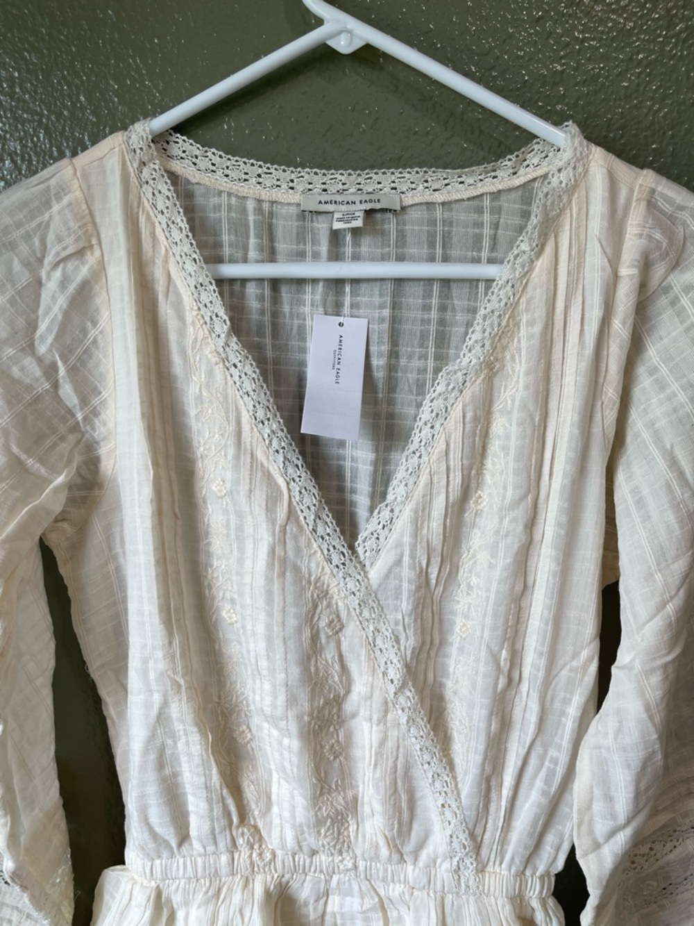 American Eagle Ivory Gauze Lace Trim Wrap Dress - Picture 4 of 5